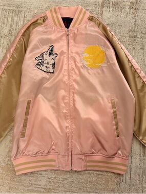 Japanese Satin Bomber Jacket with Wolf & Sun Embroidery - Pink